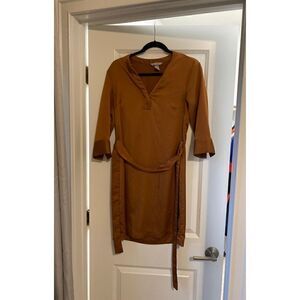 Brown Rust Silk Tie Waist Belt Shift Sheath Dress 3/4 sleeve